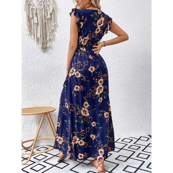 boho Floral Print Ruffle Slit Thigh maxi Dress (Without Belt) rust orange - Picture 11 of 11